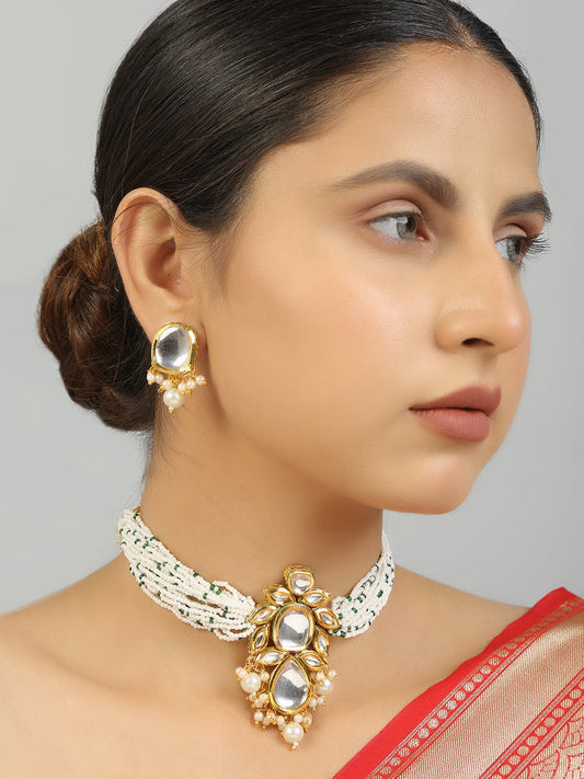 Women's Pearl Beaded Kundan Choker Necklace With Earrings