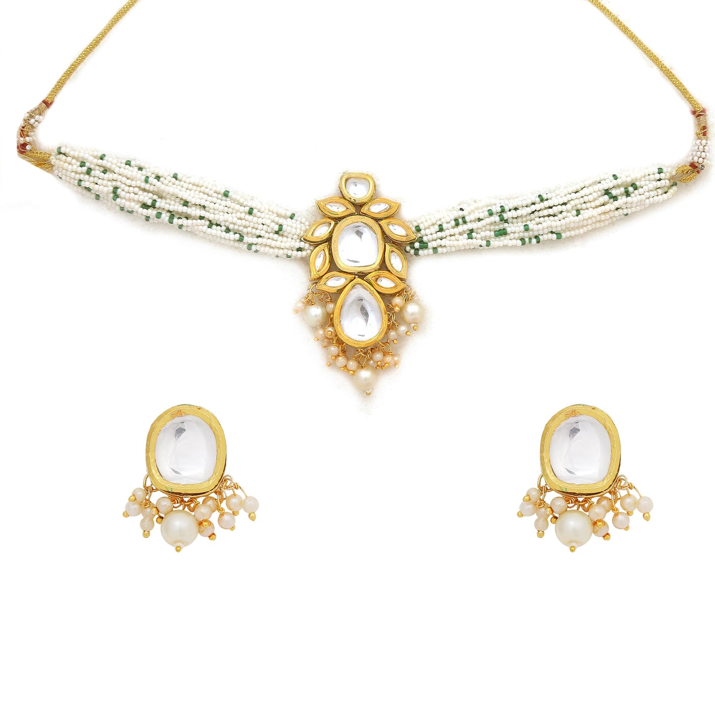 Women's Pearl Beaded Kundan Choker Necklace With Earrings