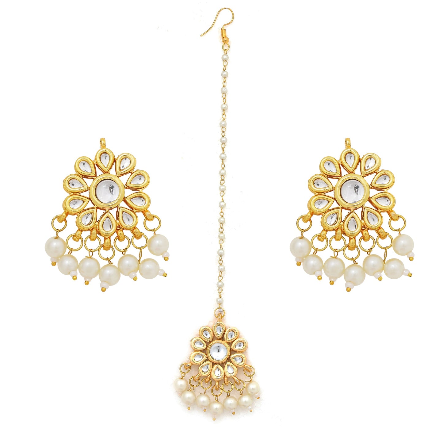 Women's Kundan Floral Earrings With Maang Tikka Set