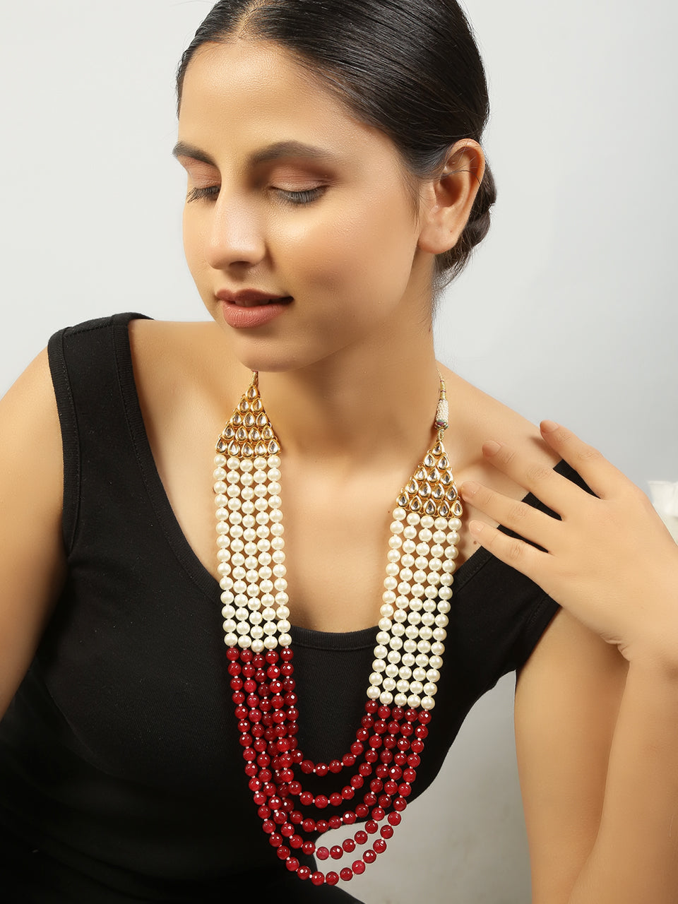 Women's Ruby And White Pearl Layered Necklace