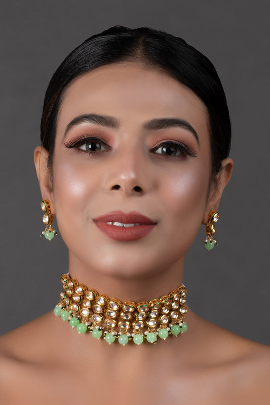 Women's  Pastel green Gold Tone Kundan Beaded Choker Necklace with earrings