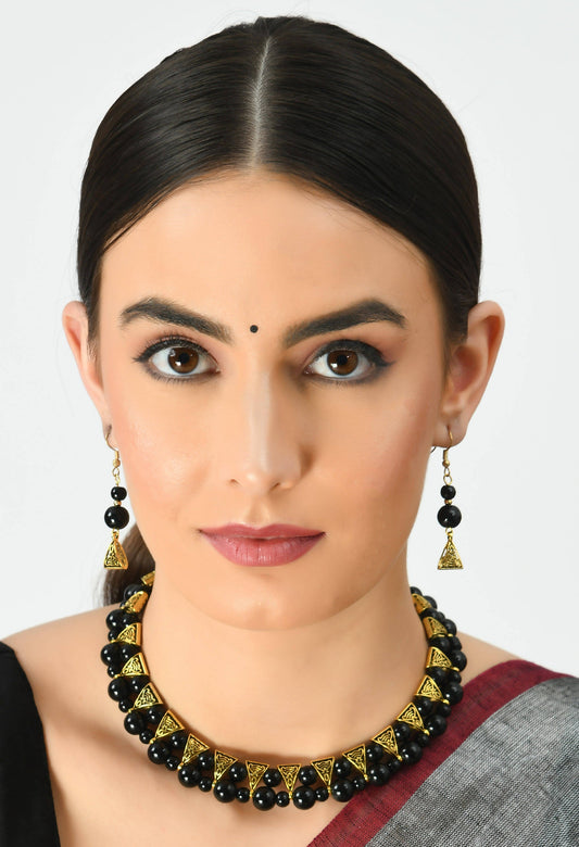 Gold-Plated Black Pearls Necklace with Earrings Jkms_091