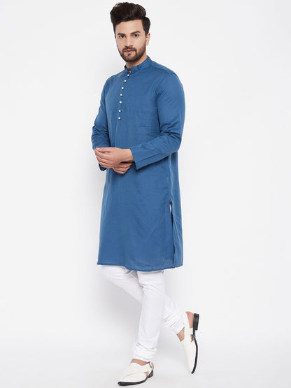 Men's Woven Design Blue Straight Kurta