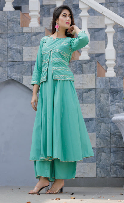 Women's Blue Solid Anarkali Set With Jacket