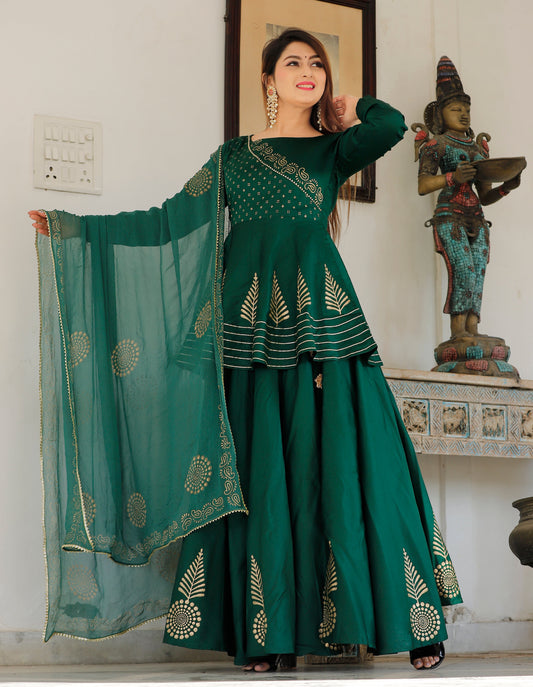 Women's Bottle Green Hand Block Lehenga Choli Set