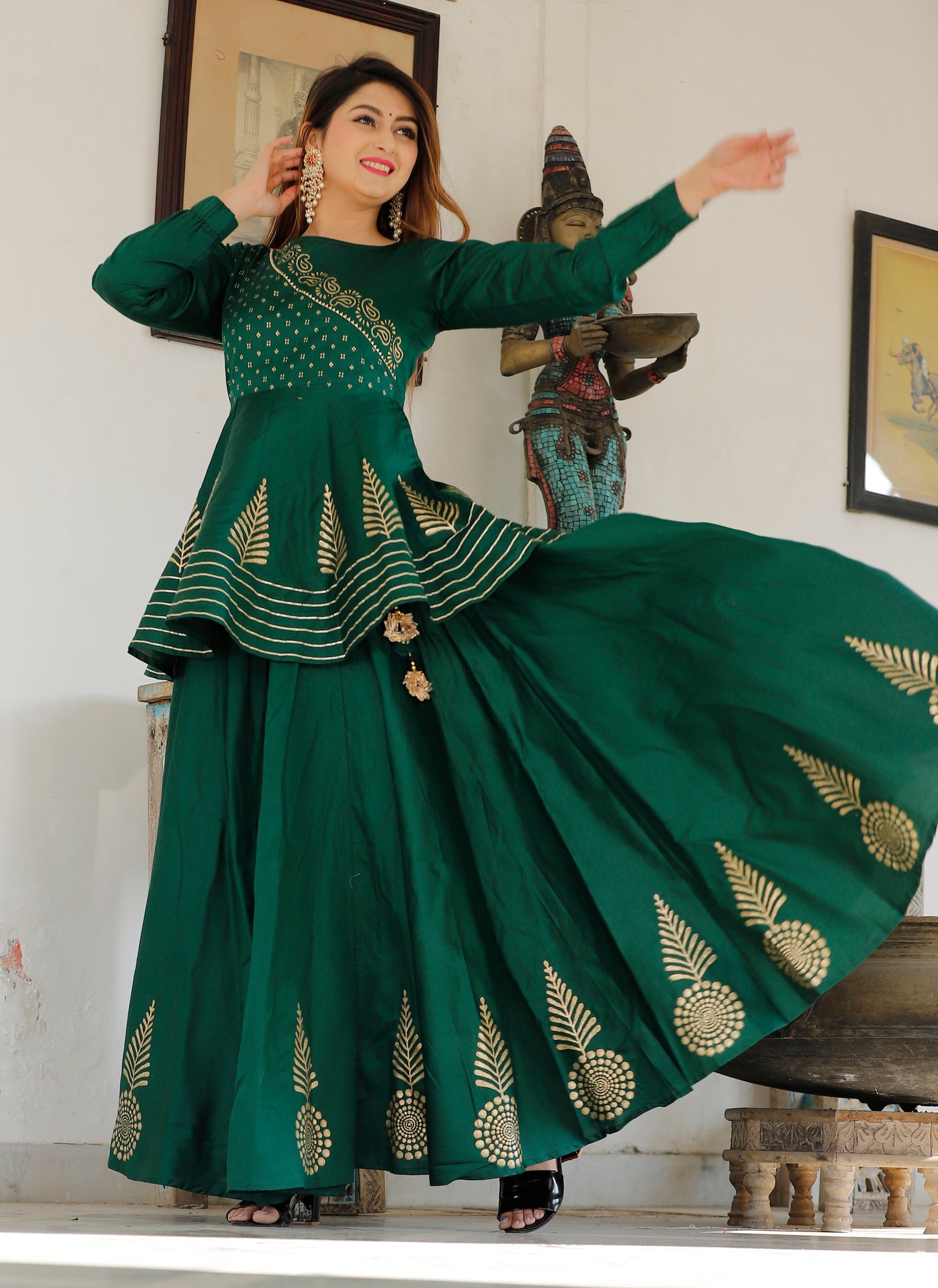 Women's Bottle Green Hand Block Lehenga Choli Set