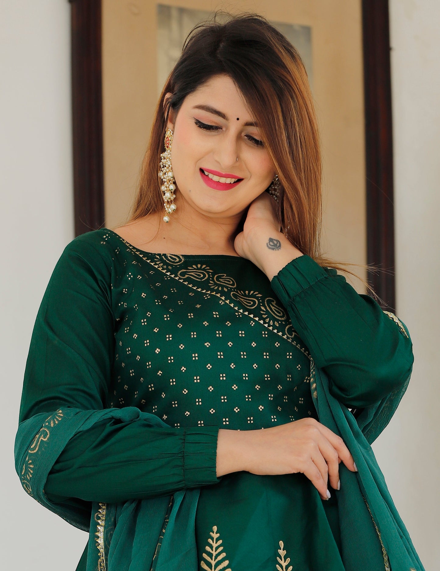 Women's Bottle Green Hand Block Lehenga Choli Set