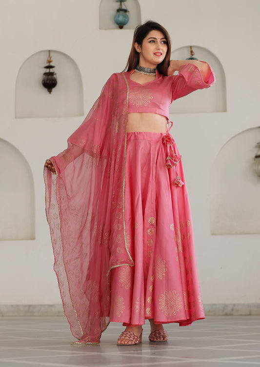 Women's Pink Hand Block Lehenga Choli Set