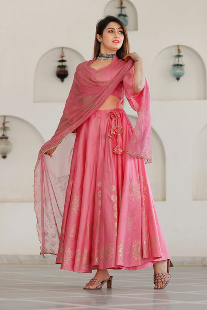 Women's Pink Hand Block Lehenga Choli Set