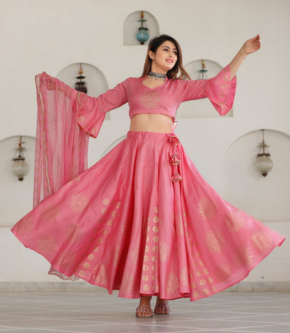 Women's Pink Hand Block Lehenga Choli Set