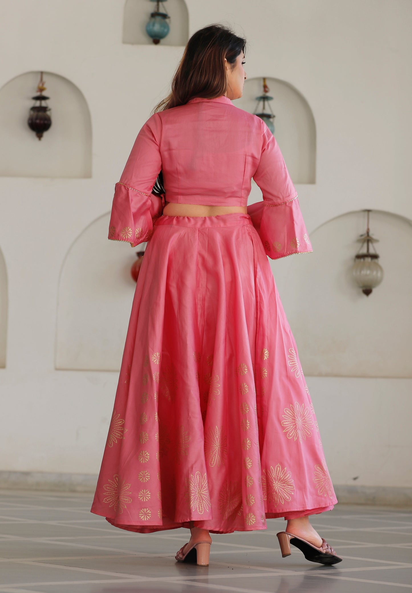 Women's Pink Hand Block Lehenga Choli Set