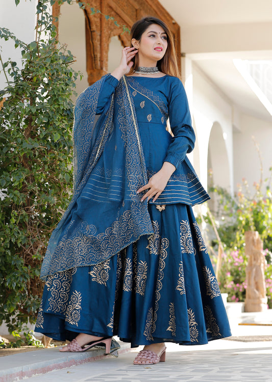 Women's Rama Blue Hand Block Lehenga Choli Set