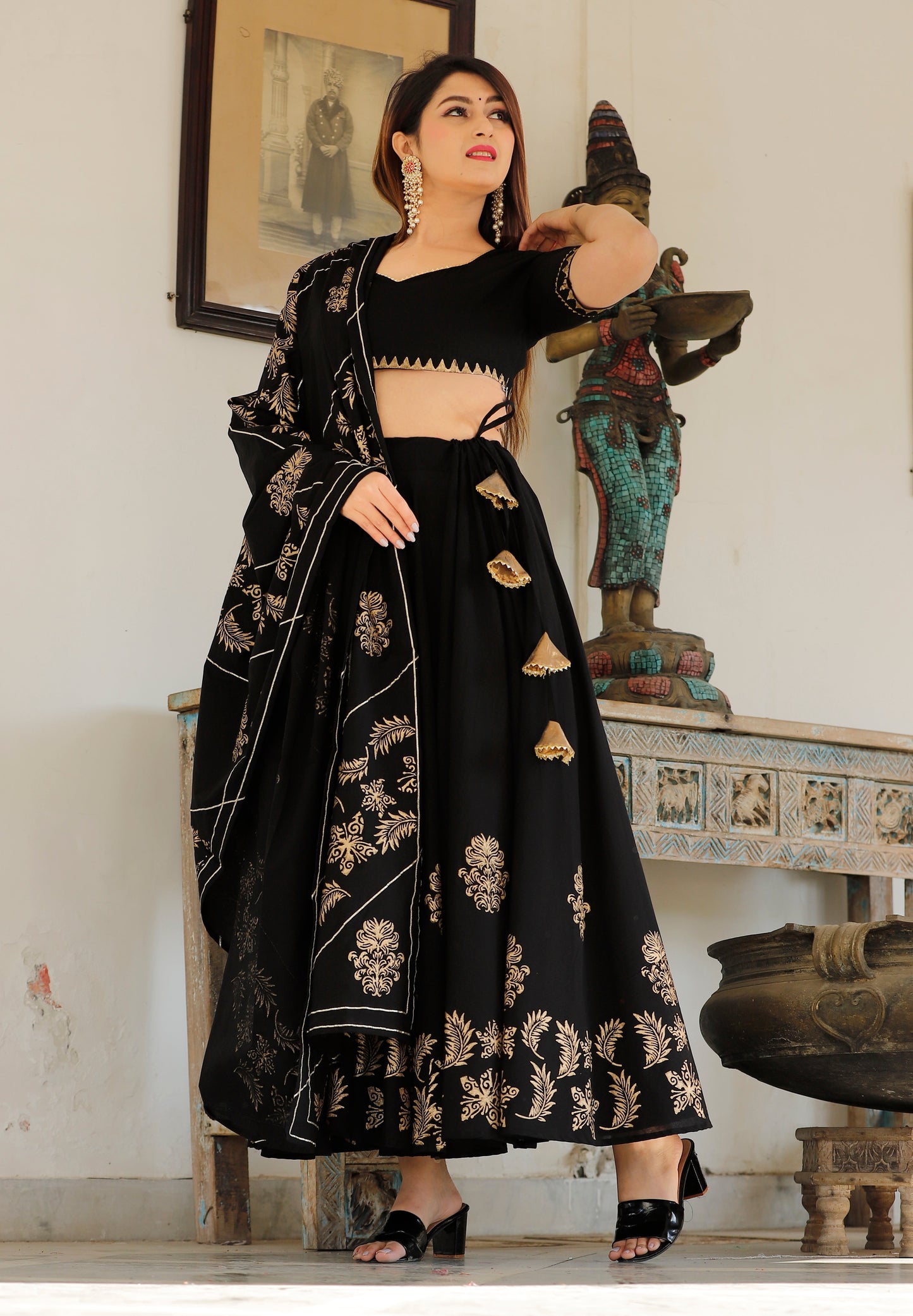 Women's Black Hand Block Lehenga Choli Set