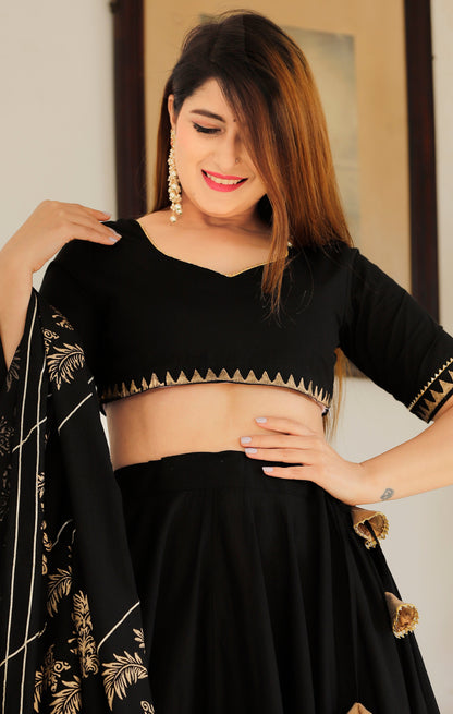 Women's Black Hand Block Lehenga Choli Set