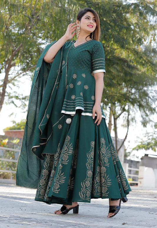 Women's Bottle Green Hand Block Lehenga Choli Set