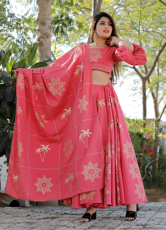 Women's Pink Hand Block Lehenga Choli Set