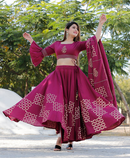 Women's Purple Hand Block Lehenga Choli Set