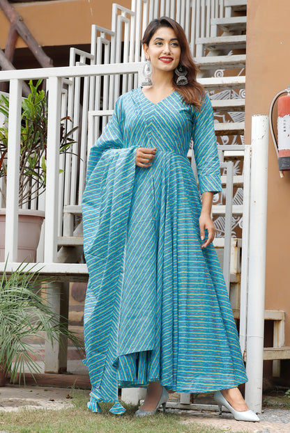 Women's Blue Leheriya Anarkali Set