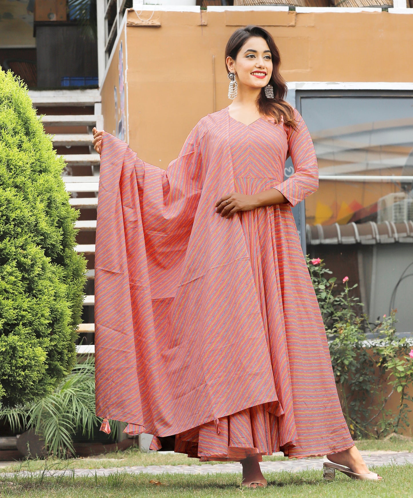 Women's Pink Leheriya Anarkali Set