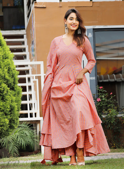 Women's Pink Leheriya Anarkali Set