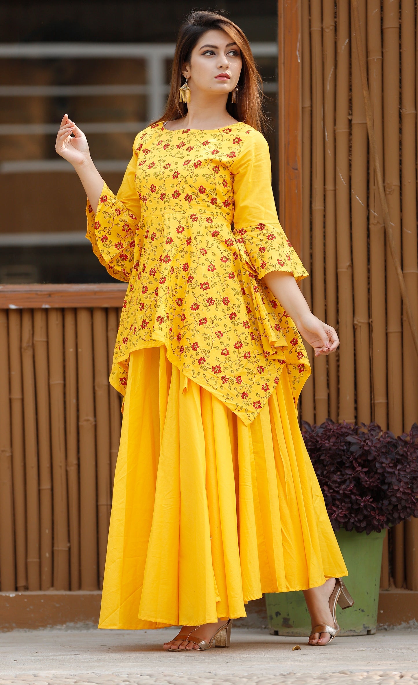 Women's Block Print Yellow Asymmetrical Lehenga Set