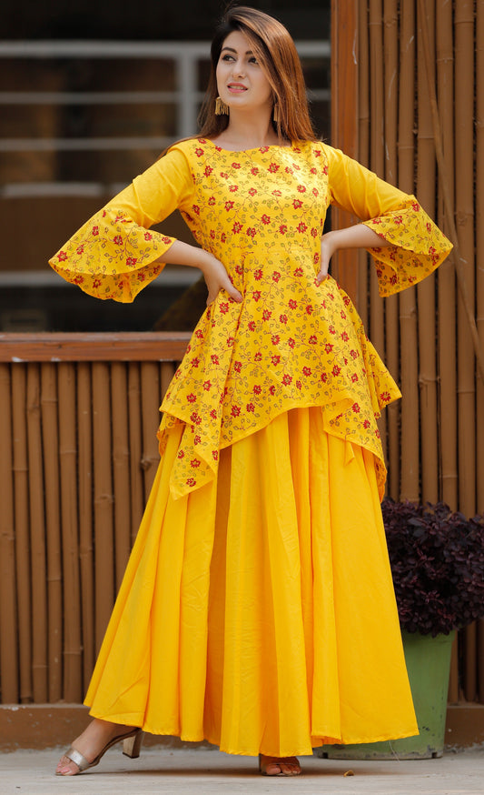 Women's Block Print Yellow Asymmetrical Lehenga Set