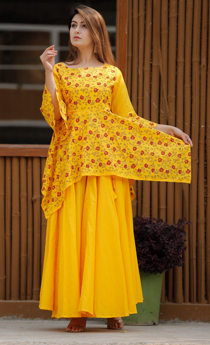 Women's Block Print Yellow Asymmetrical Lehenga Set