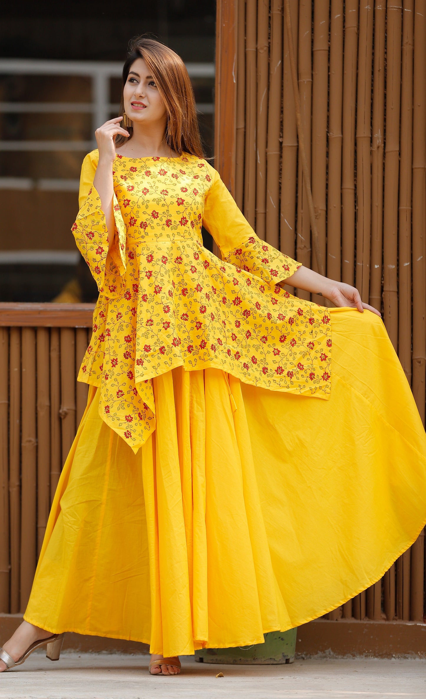 Women's Block Print Yellow Asymmetrical Lehenga Set