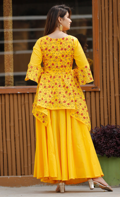 Women's Block Print Yellow Asymmetrical Lehenga Set