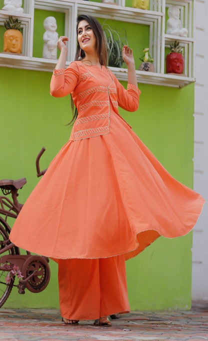 Women's Orange Solid Anarkali Set With Jacket