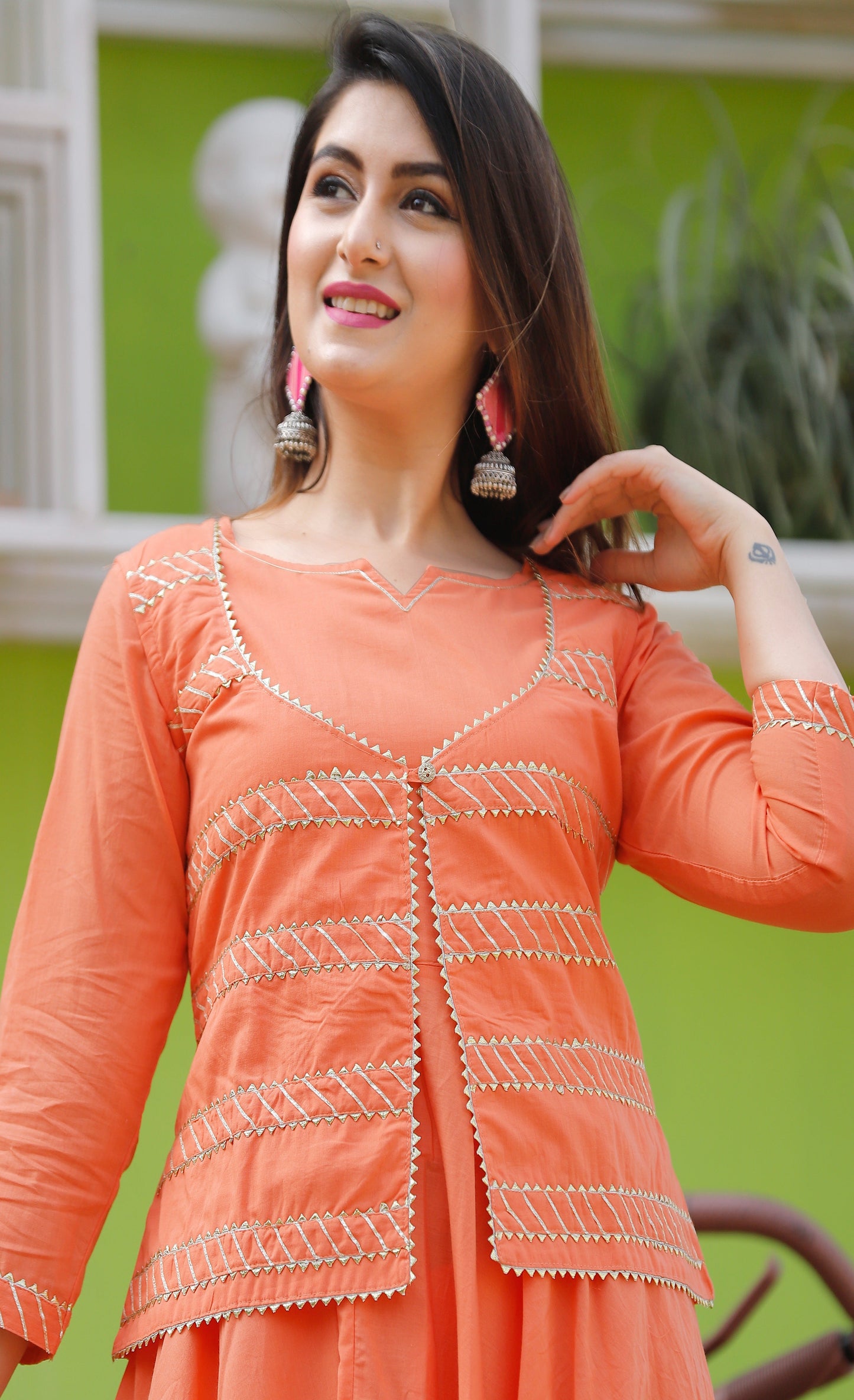 Women's Orange Solid Anarkali Set With Jacket