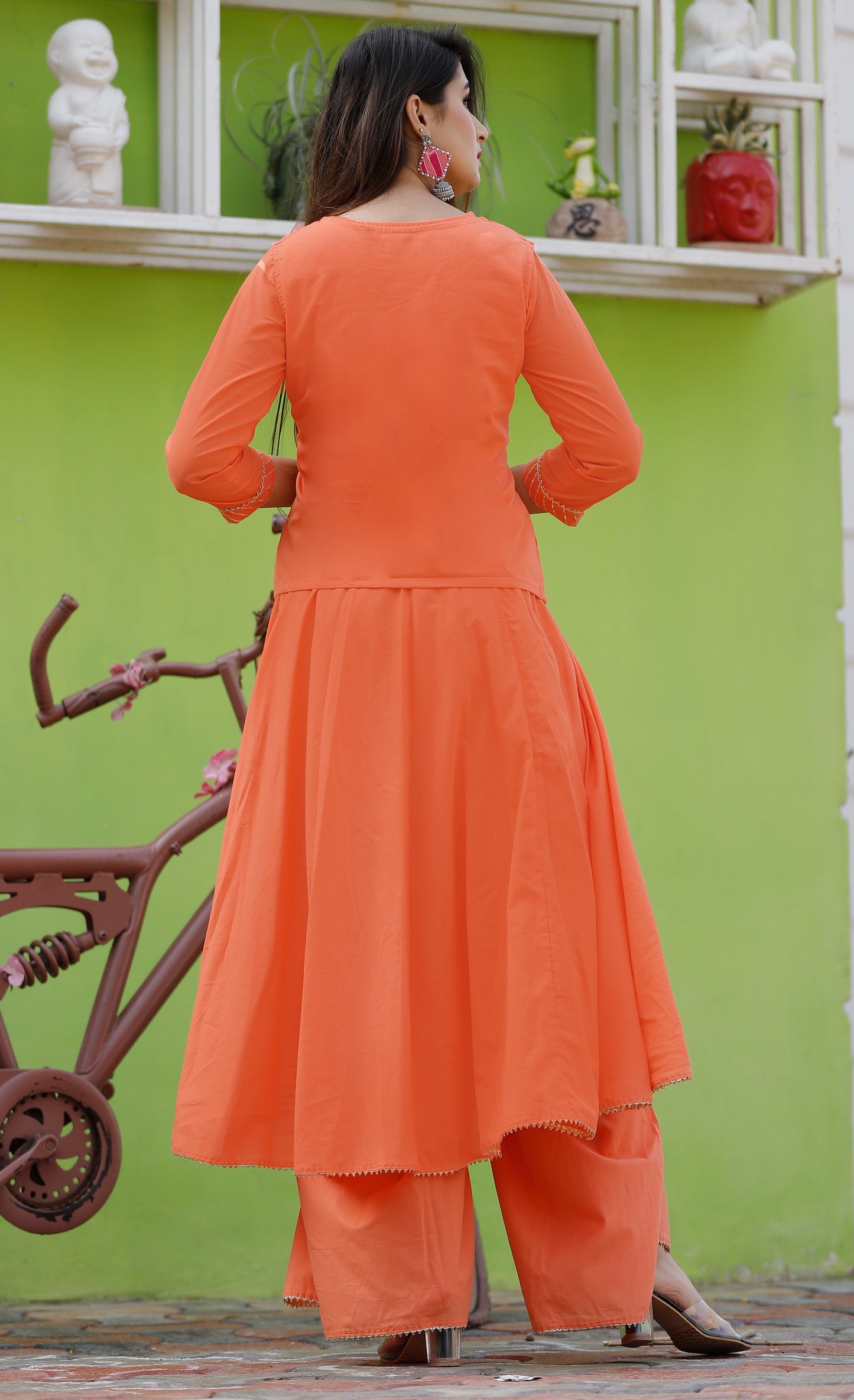 Women's Orange Solid Anarkali Set With Jacket