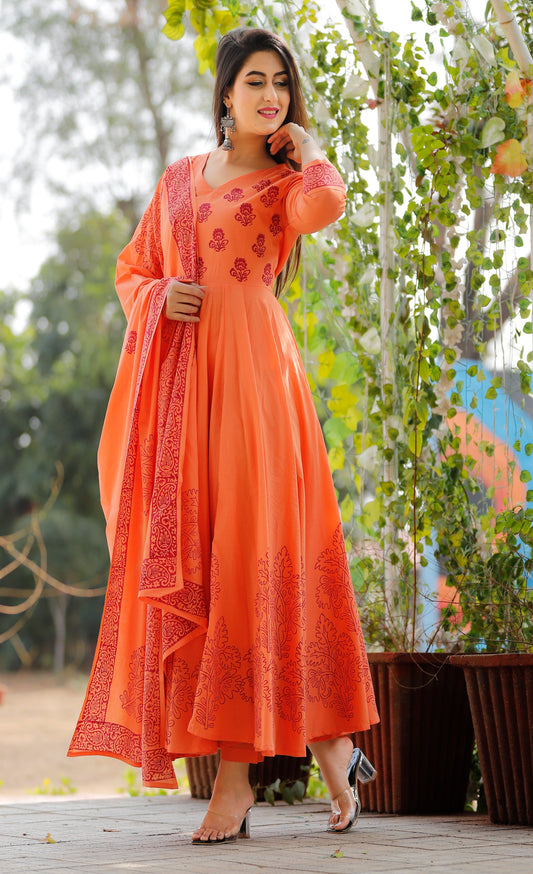 Women's Orange Hand Block Kurta Pant Set