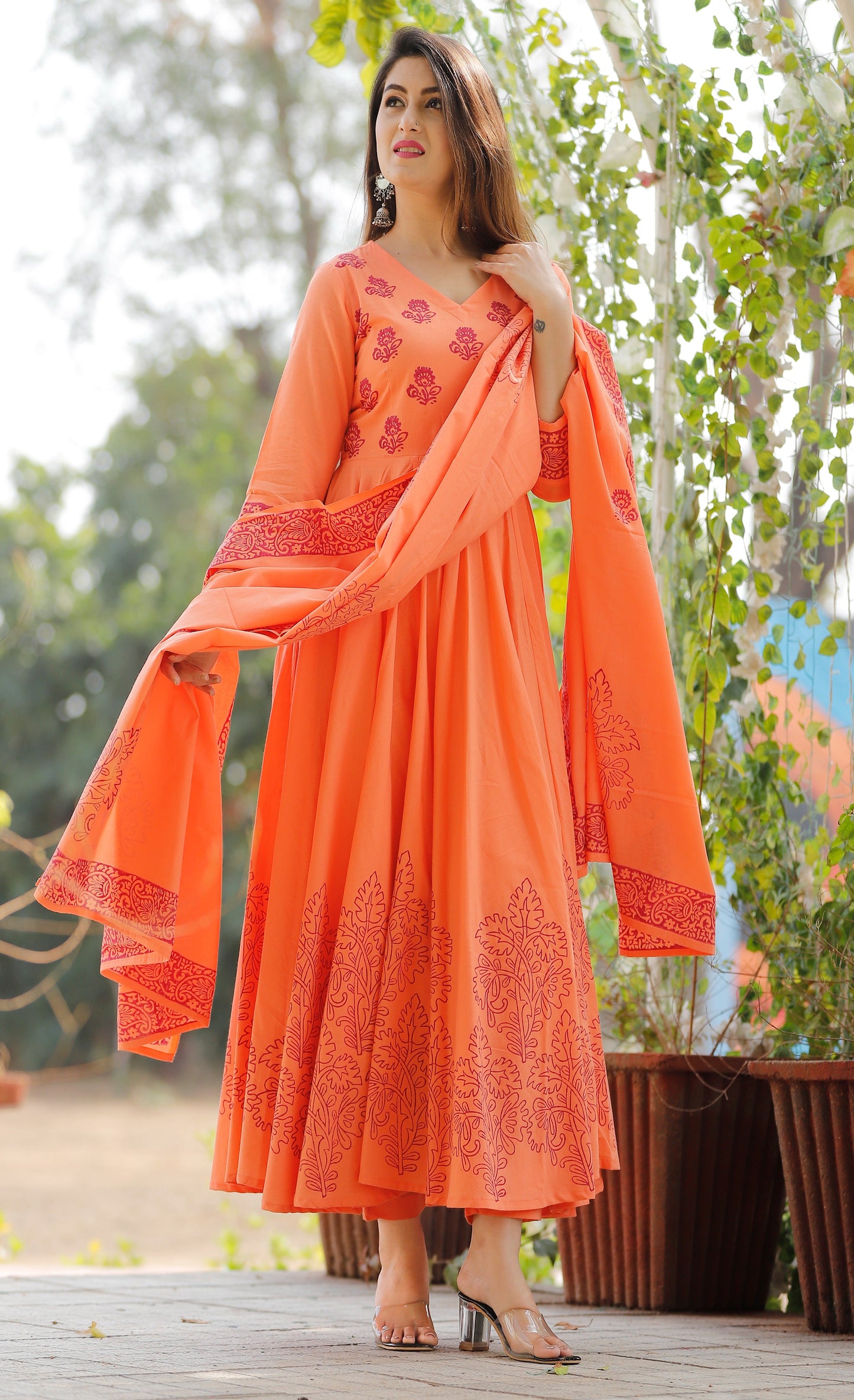 Women's Orange Hand Block Kurta Pant Set