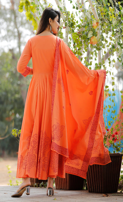 Women's Orange Hand Block Kurta Pant Set