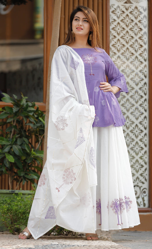 Women's Purple Peplum Kurta And Lehenga Set