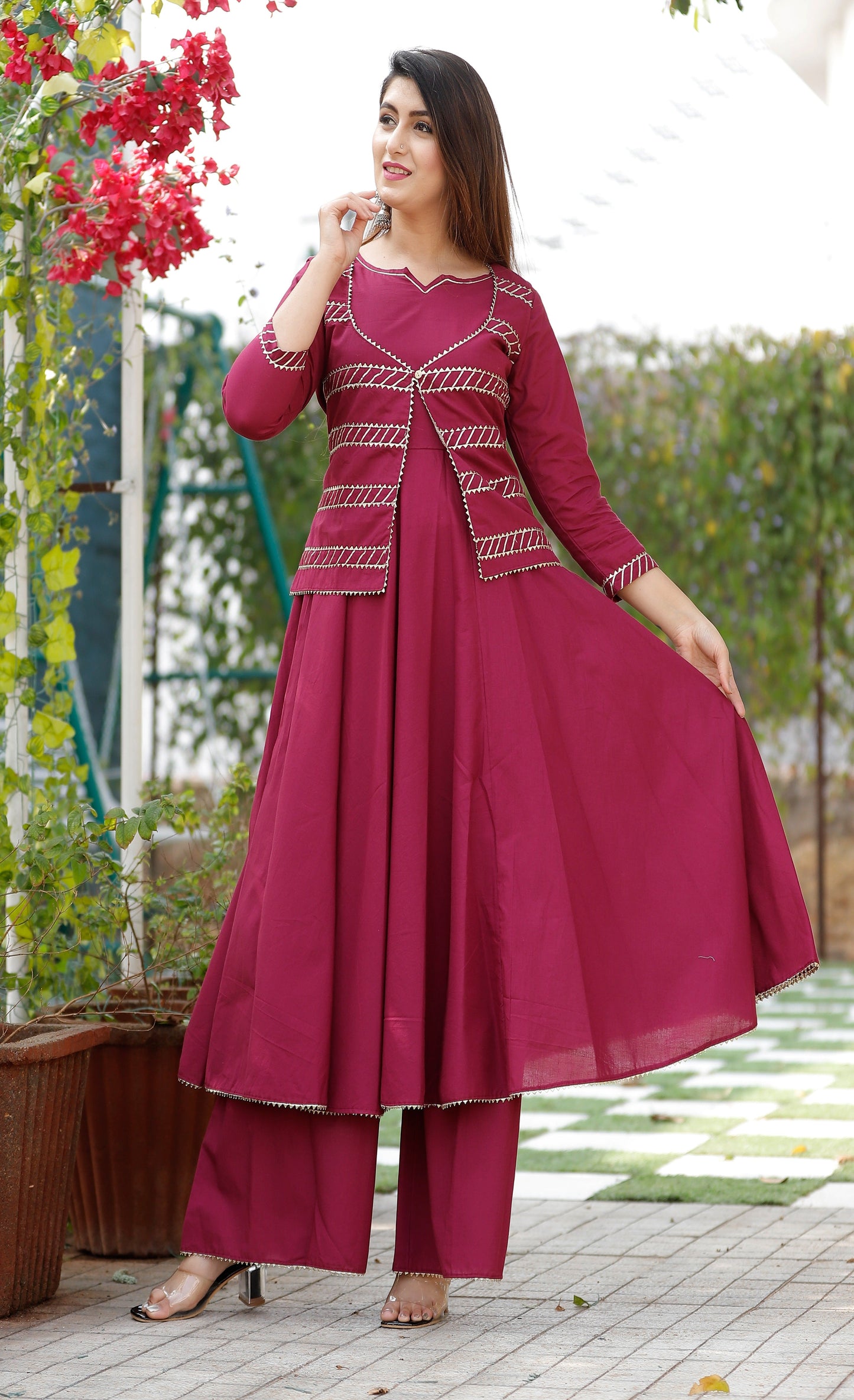 Women's Purple Solid Anarkali Set With Jacket