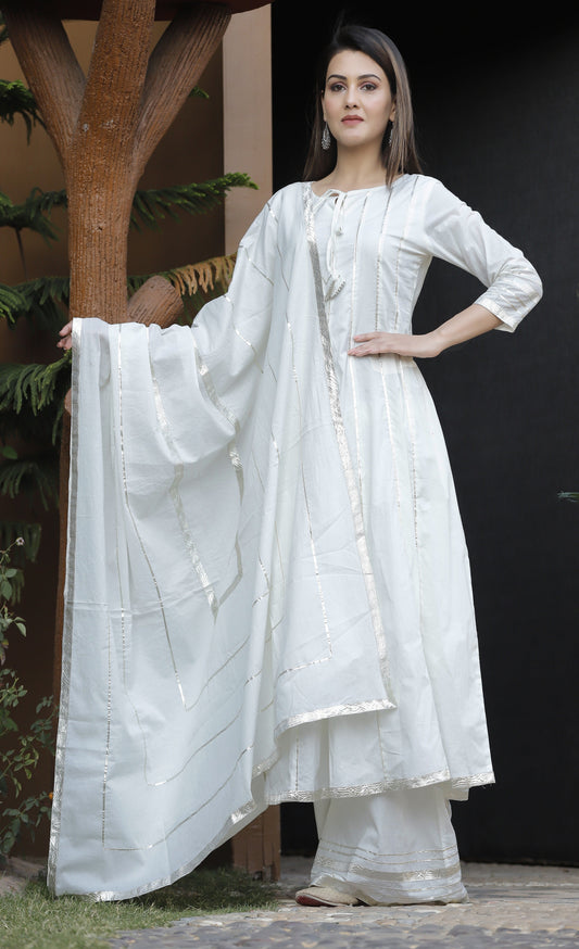 Women's White Gota Patti Anarkali Palazzo Set