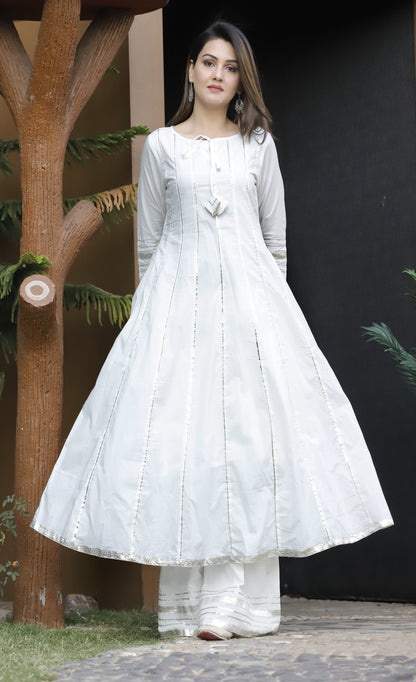 Women's White Gota Patti Anarkali Palazzo Set