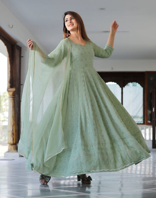 Women Green Anarkali Kurta with Dupatta by  (2pcs Set)