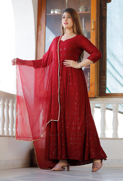 Women's Maroon Sequence Anarkali Set