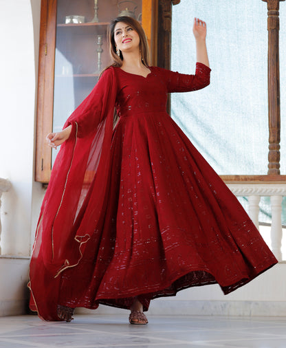 Women's Maroon Sequence Anarkali Set