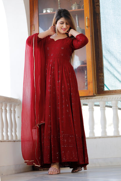 Women's Maroon Sequence Anarkali Set