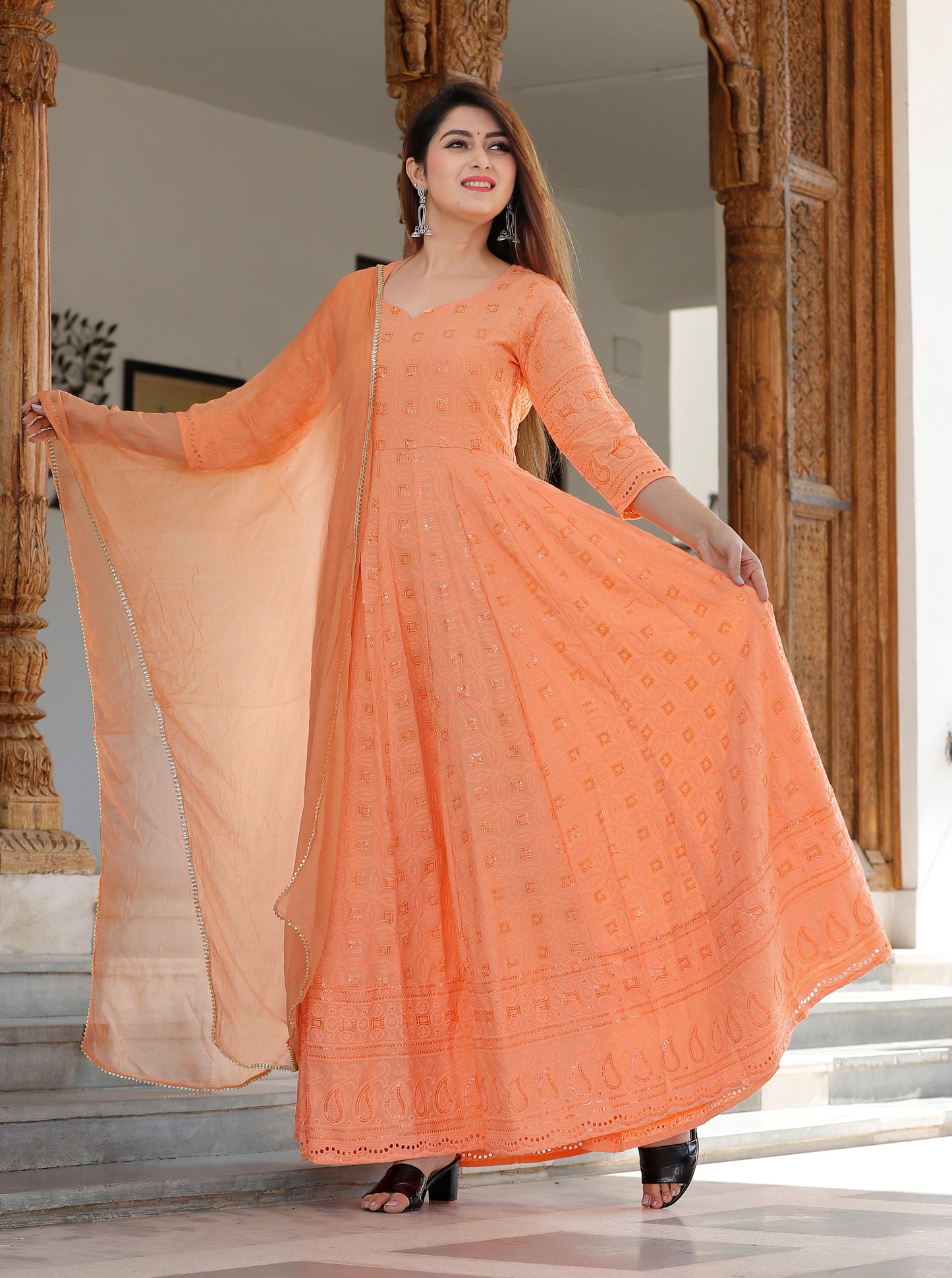 Women's Orange Sequence Anarkali Set