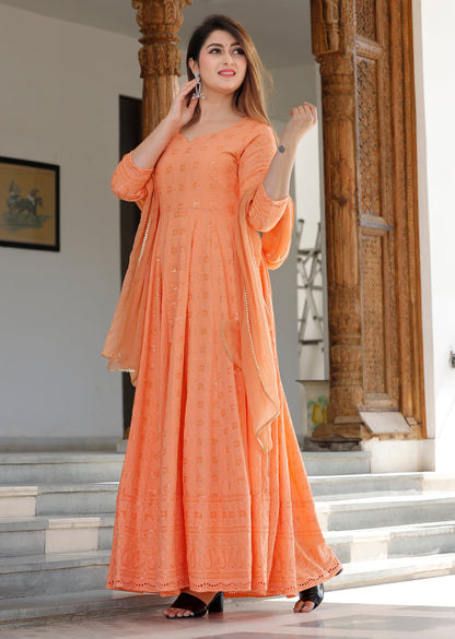 Women's Orange Sequence Anarkali Set