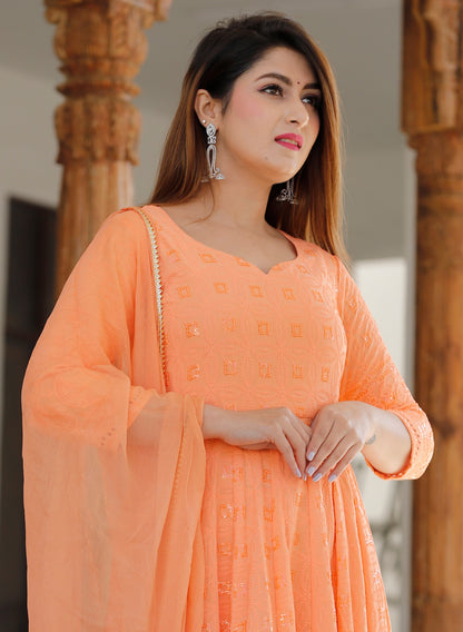 Women's Orange Sequence Anarkali Set