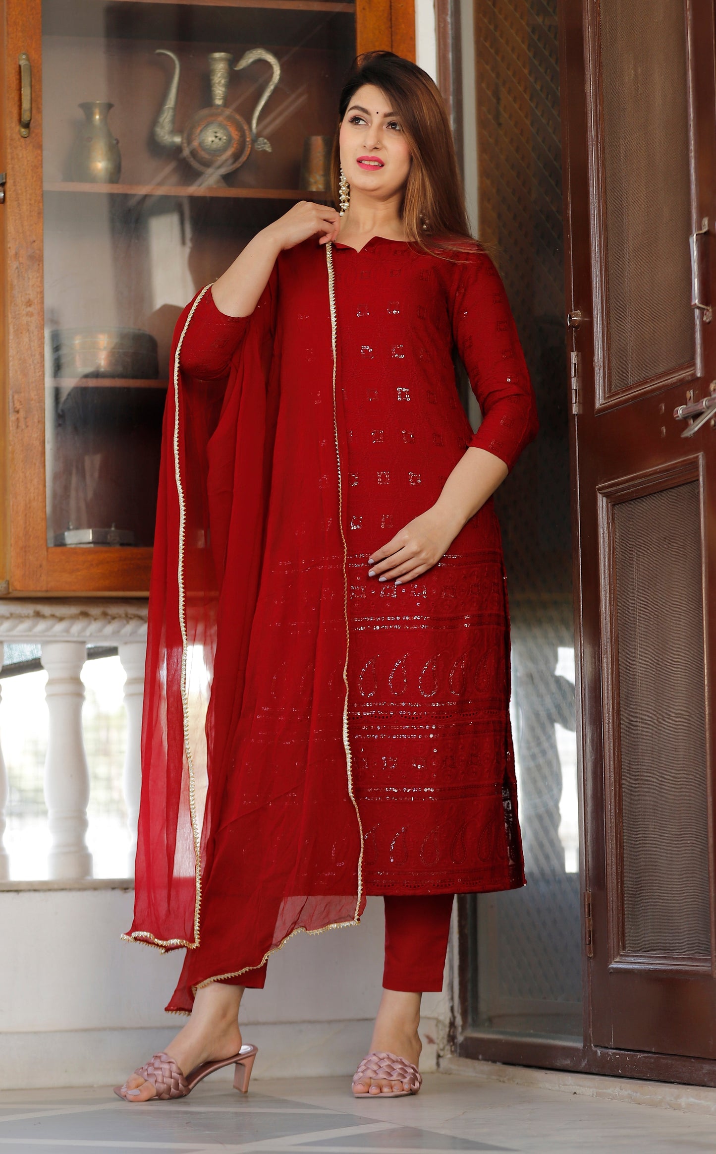 Women's Maroon Chikankari Kurta Pant Set