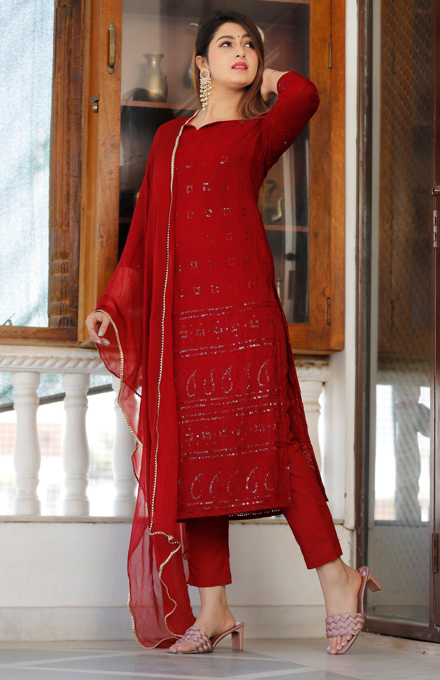 Women's Maroon Chikankari Kurta Pant Set