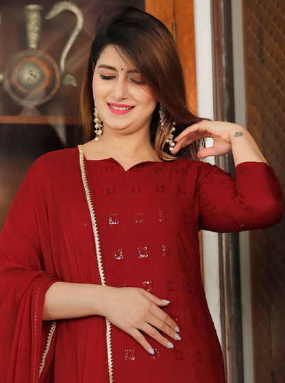 Women's Maroon Chikankari Kurta Pant Set