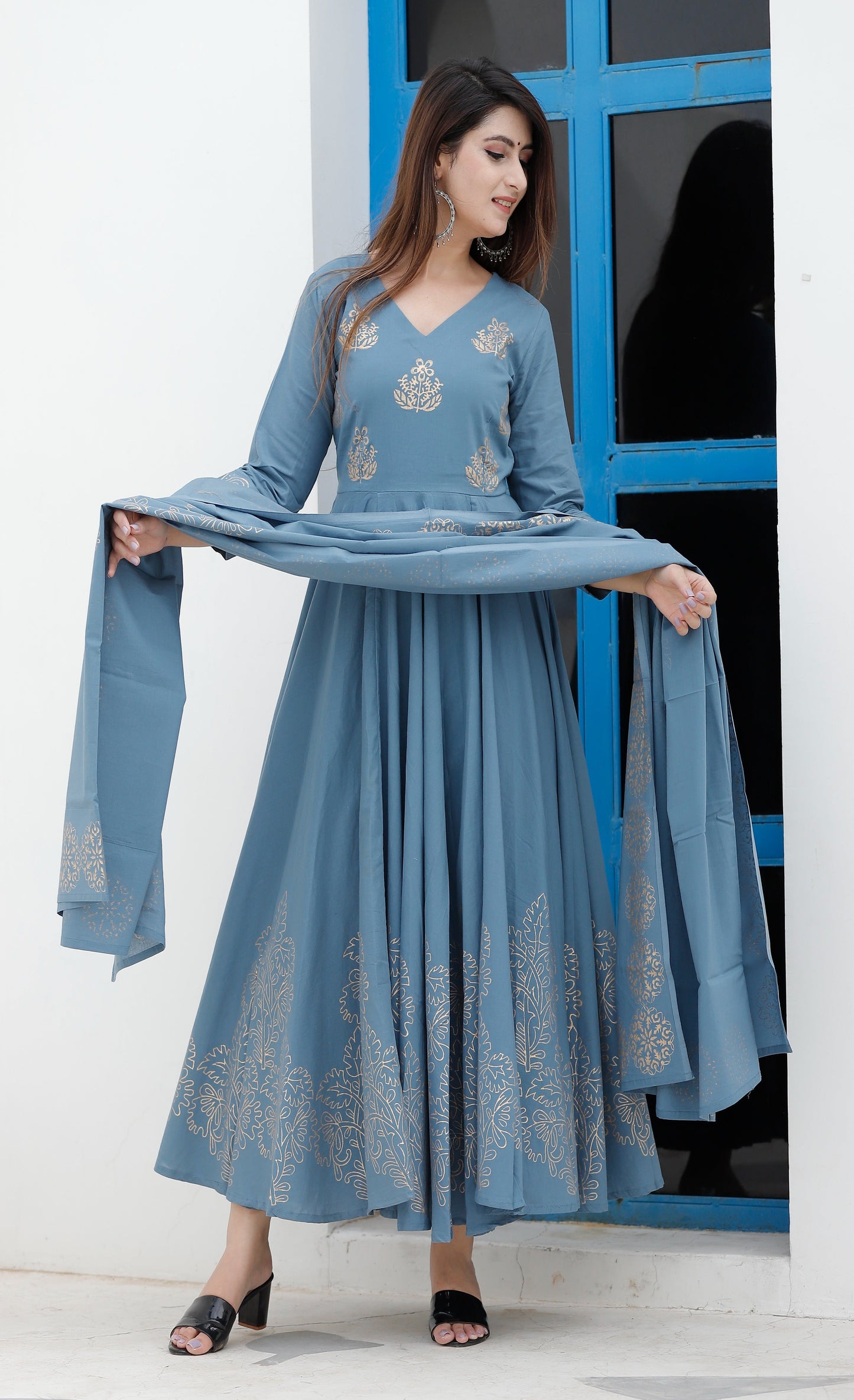 Women's Steel Blue Hand Block Anarkali Set